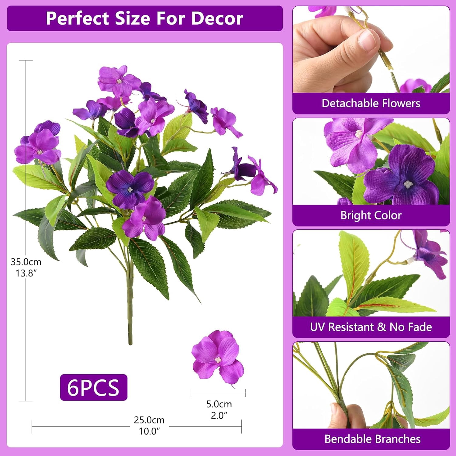 Artificial Fake Flowers for Outdoor, 6 Bundles UV Resistant Faux Plants Decoration Silk Flowers No Fade Plastic Flowers