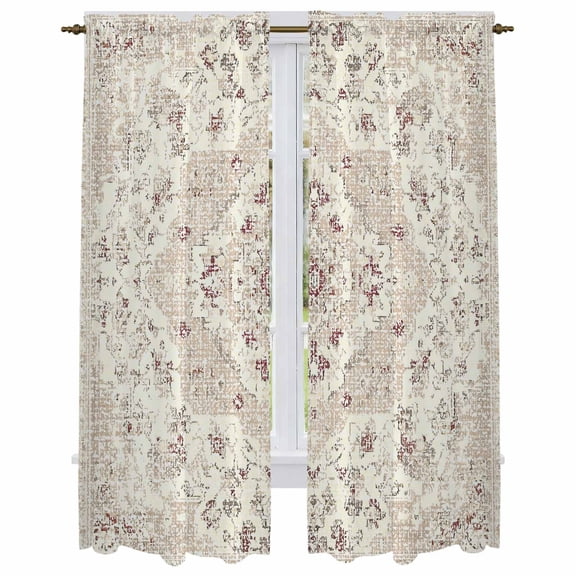 Beige Boho Kitchen Curtain for Berdoom Living Room Cafe 72 Inch Length, Middle Century Ethnic Vintage Abstract Tiers Curtains Light Filtering Drapes Rod Pocket Window Treatment 2 Panels 52"Wx72"L
