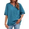 thumbnail image 2 of Womens Summer Cotton Linen Tops V Neck Short Sleeve Shirts Loose Casual Comfy Embroidered T Shirts S-4XL, 2 of 8