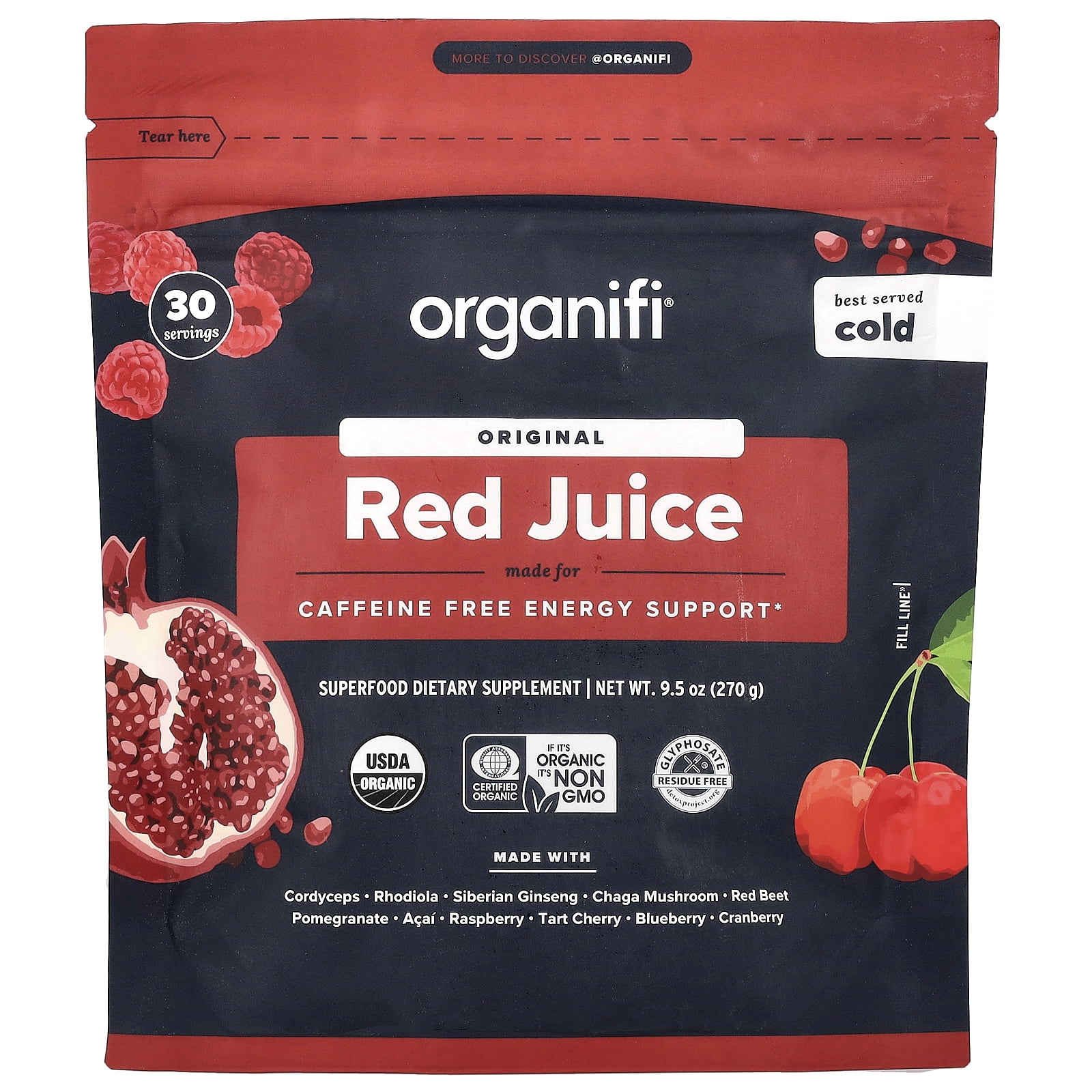 Organifi - Red Juice Acai & Cordyceps Infused Gently Dried Superfood Powder - 9.5 oz.