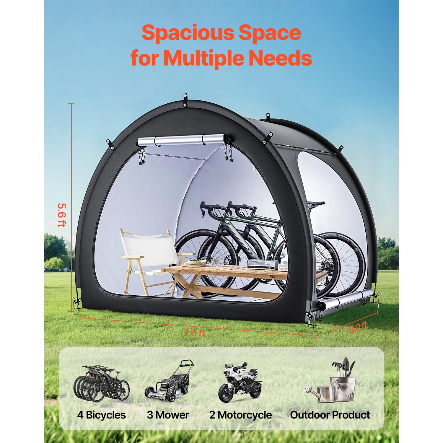 KFFKFF Outdoor Bike Shelter, Holds 4-5 Bicycles, Spacious Tent with Ventilation, Water-Resistant Design Featuring Durable Fiberglass and Dual Entry, Suitable for Bikes