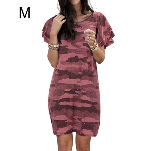 Vestido de mujer Camiseta larga con estampado de camuflaje Vestido suelto de manga corta, rojo vino, M AweSitey AP002154-10