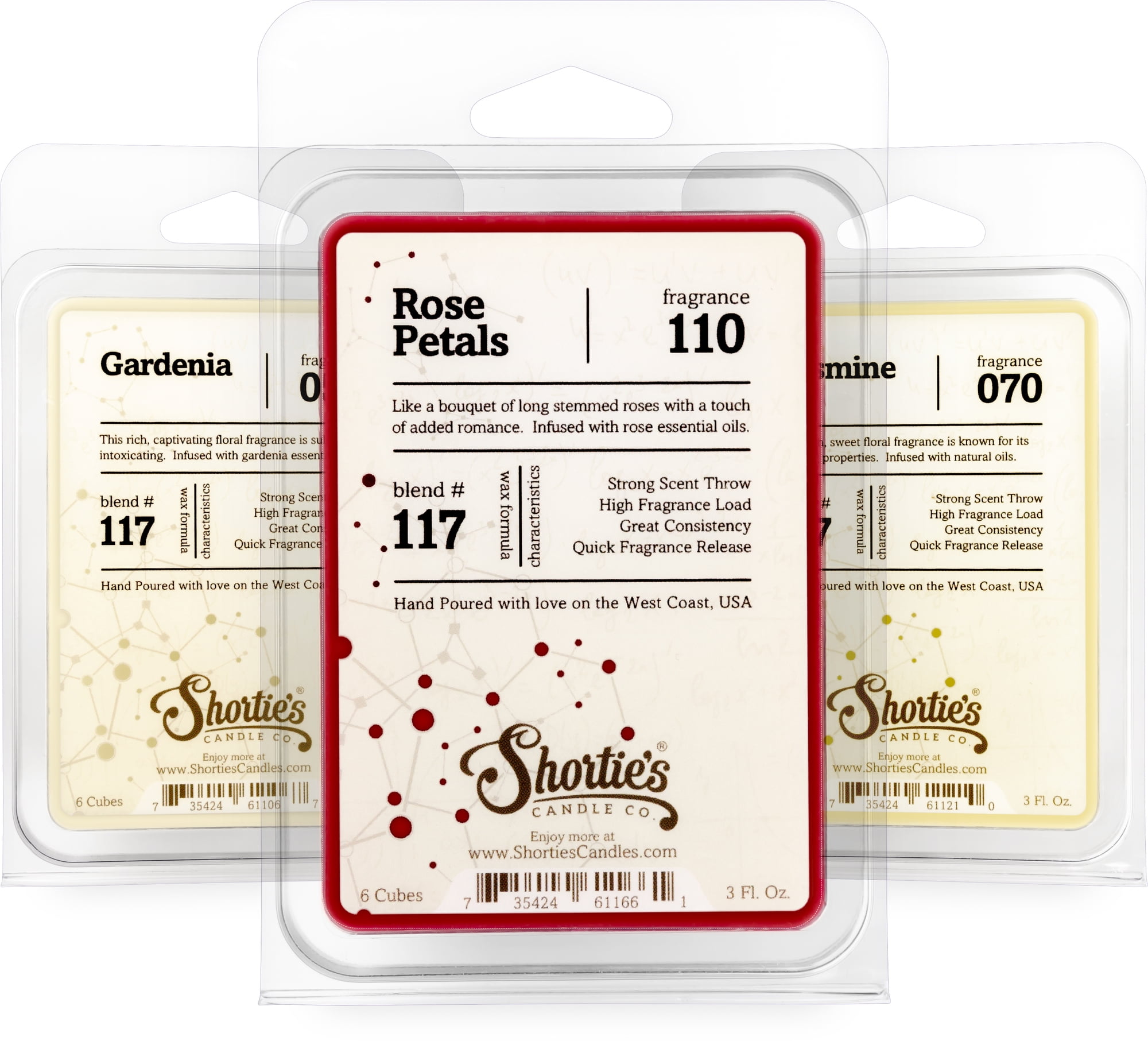 Floral Wax Melts Variety Pack - Rose Petals, Jasmine, Gardenia - Highly Scented + Natural Oils - Shortie's Candle Company