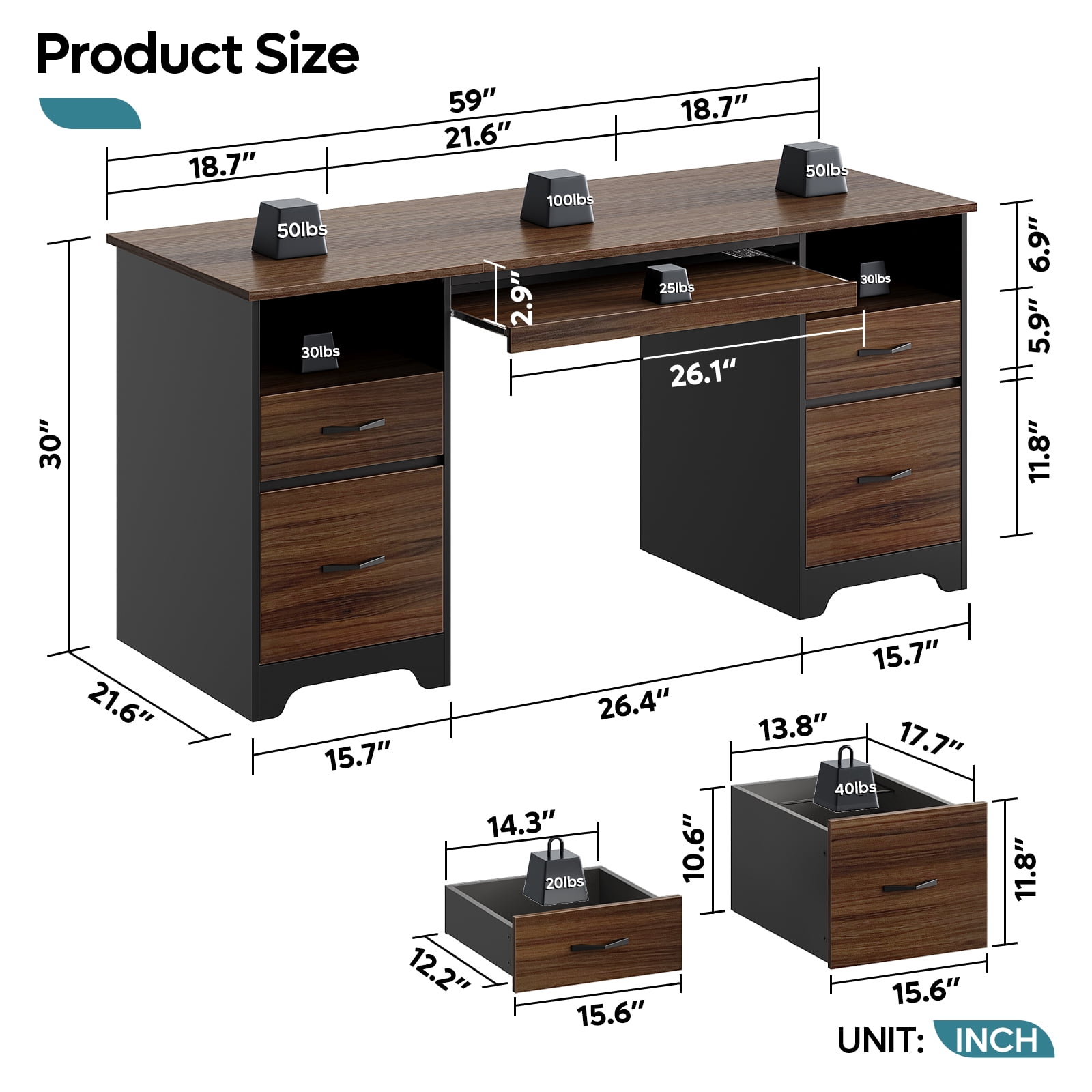 Bestier 59” Computer Desk with 4 Drawers, Office Executive Desk with File Drawer, Keyboard Tray for Home Office, Cheery