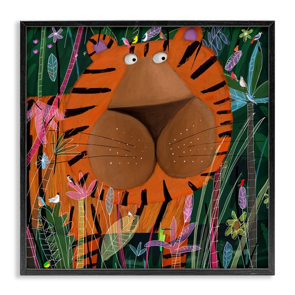 Stupell Industries Eclectic Children's Striped Tiger in Tropical Jungle Brush Black Framed Giclee Art, 12 x 12, by Carla Daly