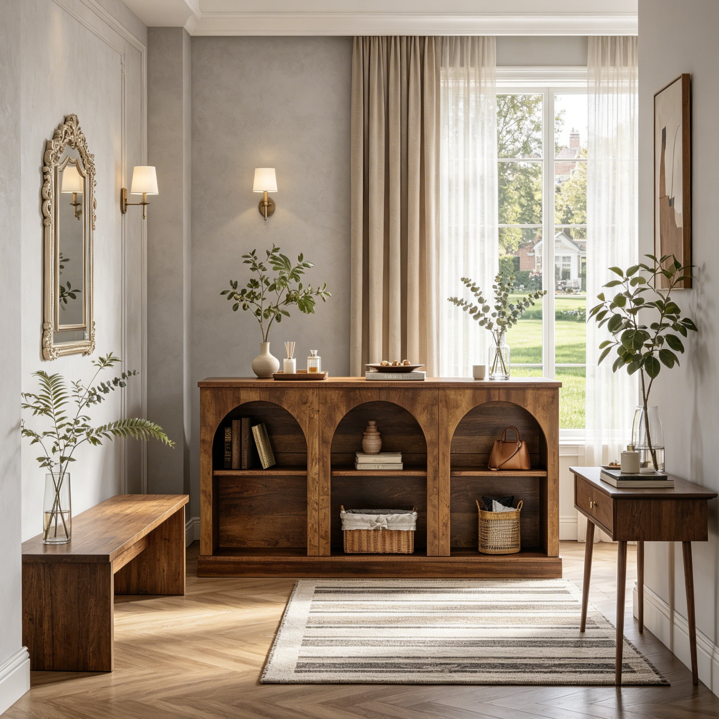 Fnova 63" Farmhouse Console Table, Wooden Entryway Table with 3-Tier Storage, Rectangular Sofa Table for Entrance, Hallway, Living Room, Behind Couch