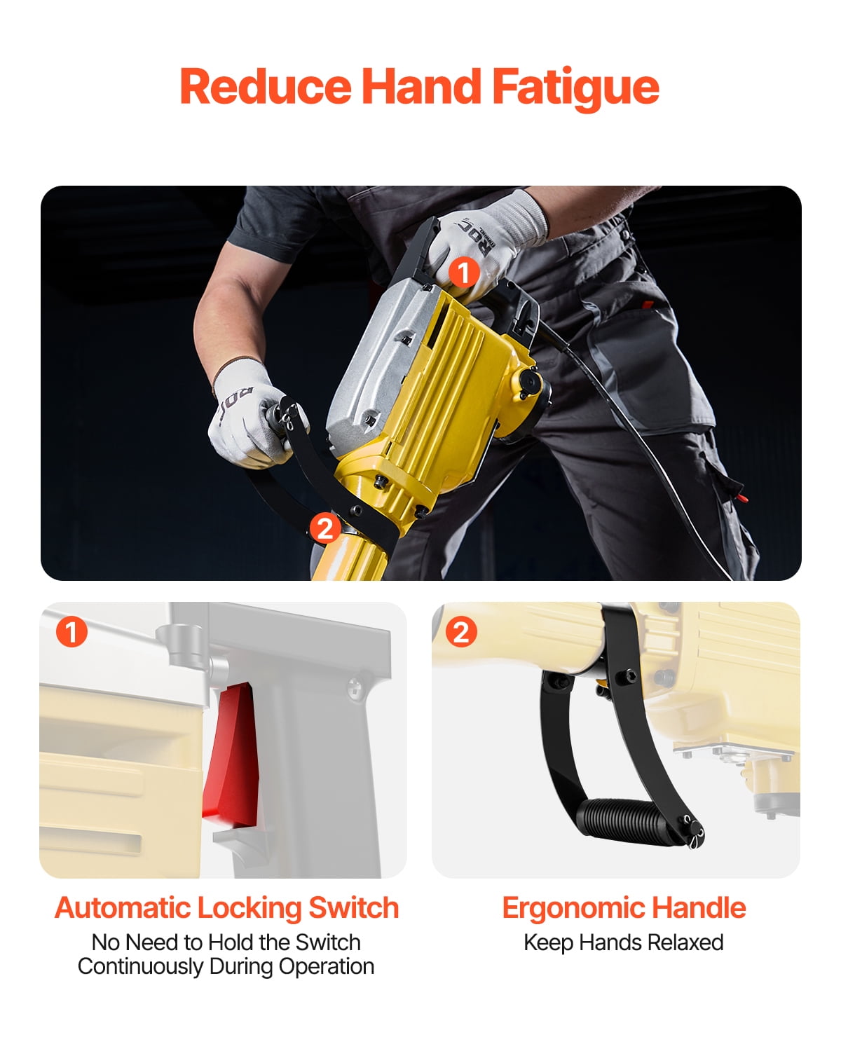 KFFKFF Demolition Jack Hammer, 2200W Electric Demolition Jackhammer, 1350 BPM Heavy Duty, Includes 1 Point Chisel, 1 Flat Chisel, Storage Case, Gloves and Goggles, Ideal for Demolition