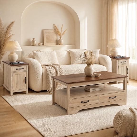Farmhouse 3-Piece Table Set – 4-Drawer Coffee Table & 2 Flip-Top Charging Nightstands, Living Room Furniture Sets