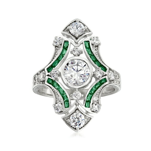 Ross-Simons 1.55 ct. t.w. CZ and .20 ct. t.w. Simulated Emerald Ring in Sterling Silver, Women's, Adult