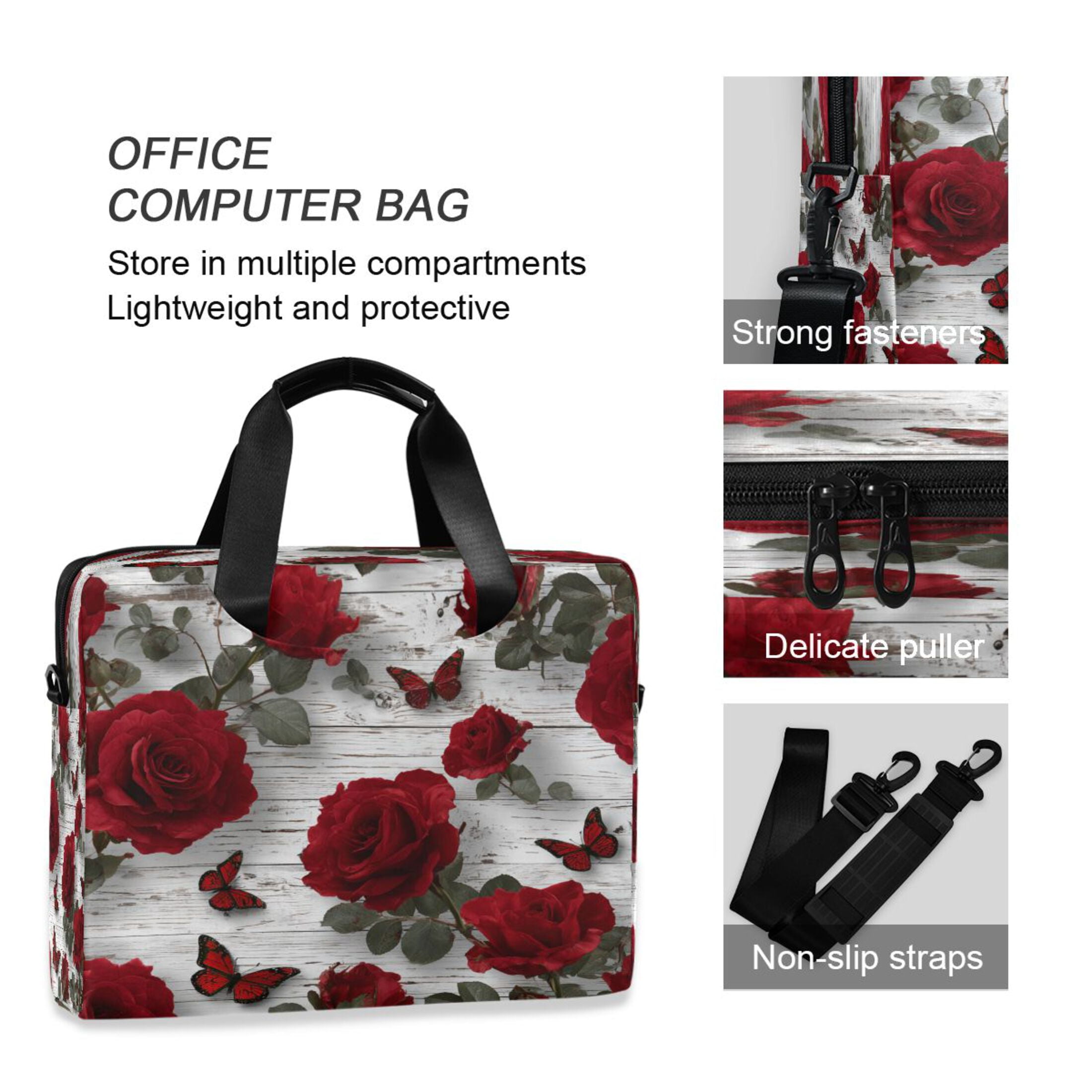 16" Laptop Tote Bag Laptop Sleeve Case Computer Briefcase for Work & Travel Roses and Butterflies Pattern