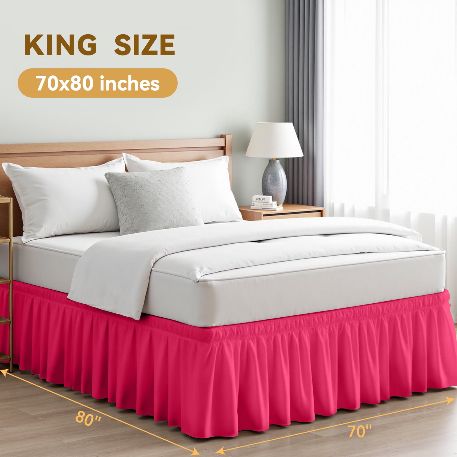 King Bed Skirt, 18 inch Tailored Drop with Elastic Belt, Easy Install, Rose Red