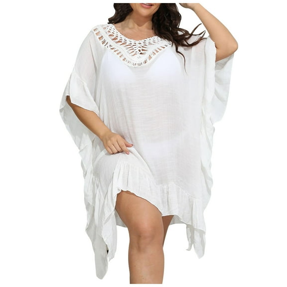 Penkiiy Swimsuit Cover Ups for Women, V Neck Hollow Out Swim Coverup Crochet Chiffon Summer Beach Cover Up Dress Free Size White