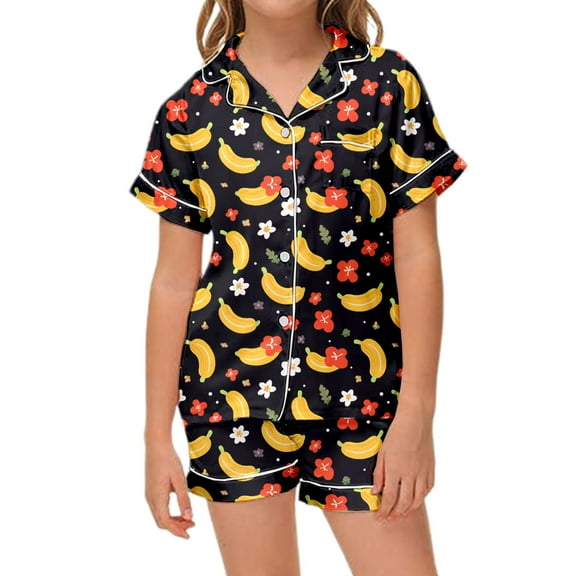 Kids Girls Silk Pajamas Set Fruit Print 2 Piece Short Sleeve Button Down Loungewear with Shorts Set Christmas Pjs Kids Pjs for Girls Size 4-5 Years