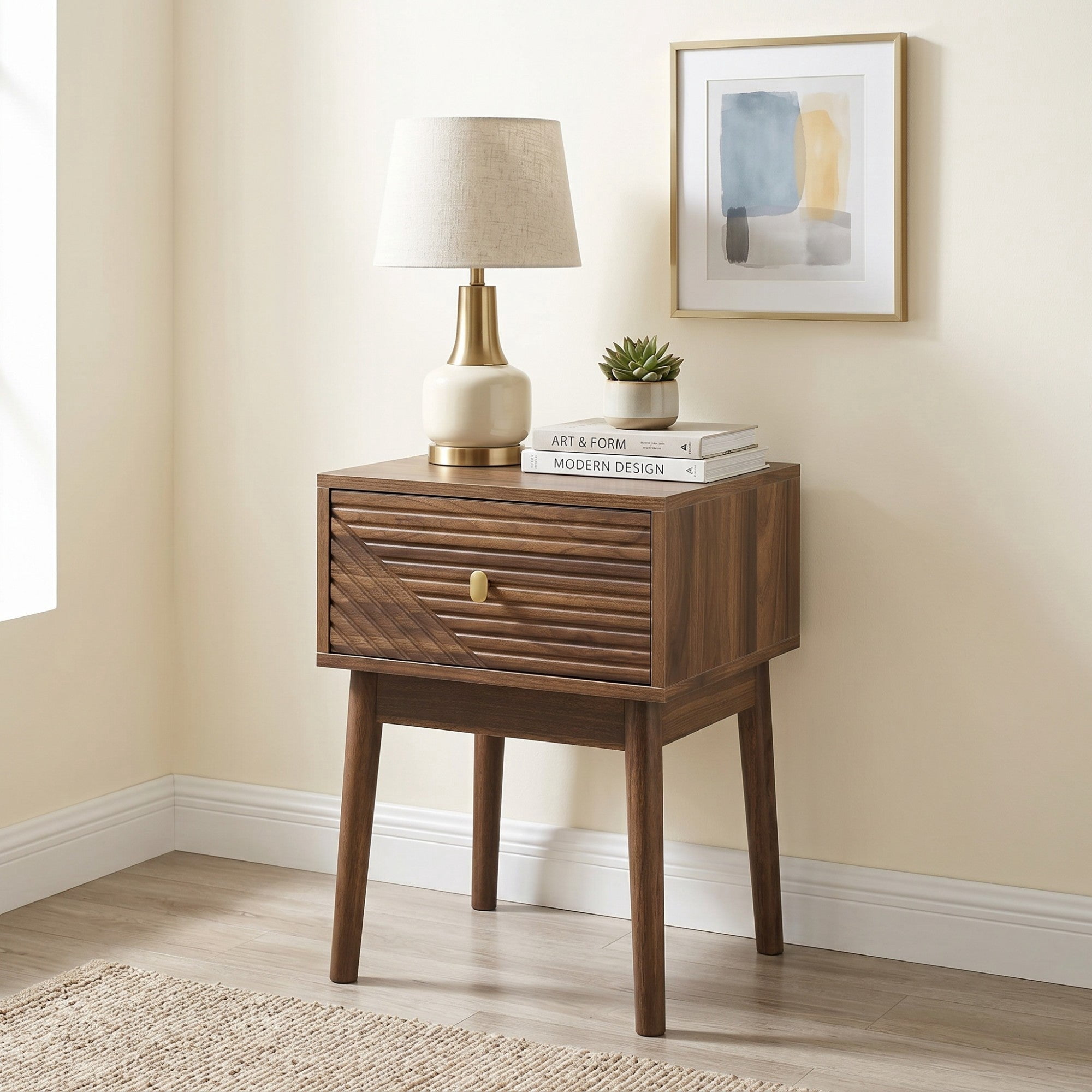 Sailvan Mid-Century Modern Walnut Bedside Table 2-Piece Set, with Metal Handles for Bedroom