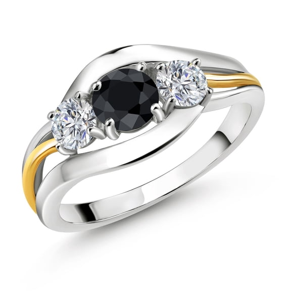 Gem Stone King 925 Sterling Silver and 10K Yellow Gold Round Black Sapphire and White Lab Grown Diamond 3 Stone Ring for Women (1.23 Cttw, Available in Size 5, 6, 7, 8, 9)