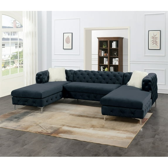 U-Shaped Sofa, U-Sectional Velvet Tufted Cushion Couch for Gorgeous Living Room, LAF & RAF Chaise Armless Loveseat, Modular Sectional Sofa with Velvet Fabric Modular, Black