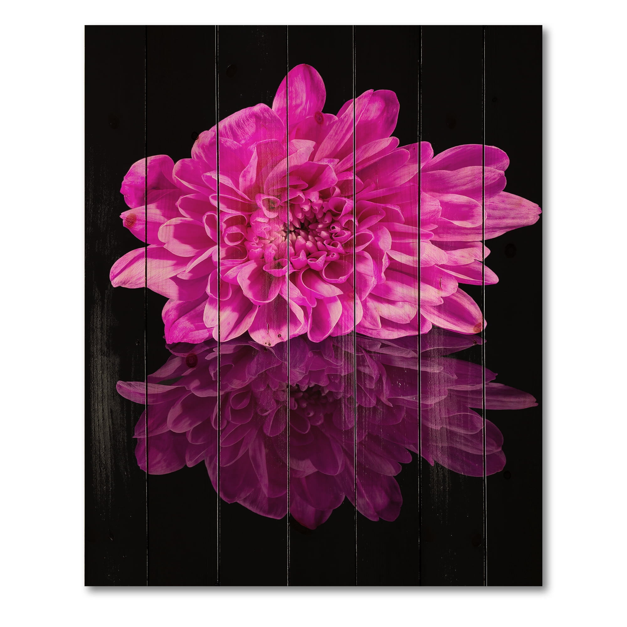 Designart 'Single Purple Chrysanthemum Flower On Black Reflection' Traditional Print on Natural Pine Wood