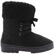 kensie Girls' Big Kid Slip On Mid High Microsuede Winter Boots with Sherpa Cuff and Lace Up Front Design, Black, Size 1