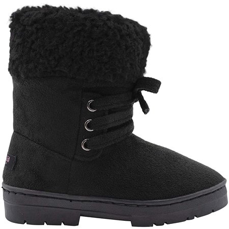 kensie Girls' Big Kid Slip On Mid High Microsuede Winter Boots with Sherpa Cuff and Lace Up Front Design, Black, Size 1