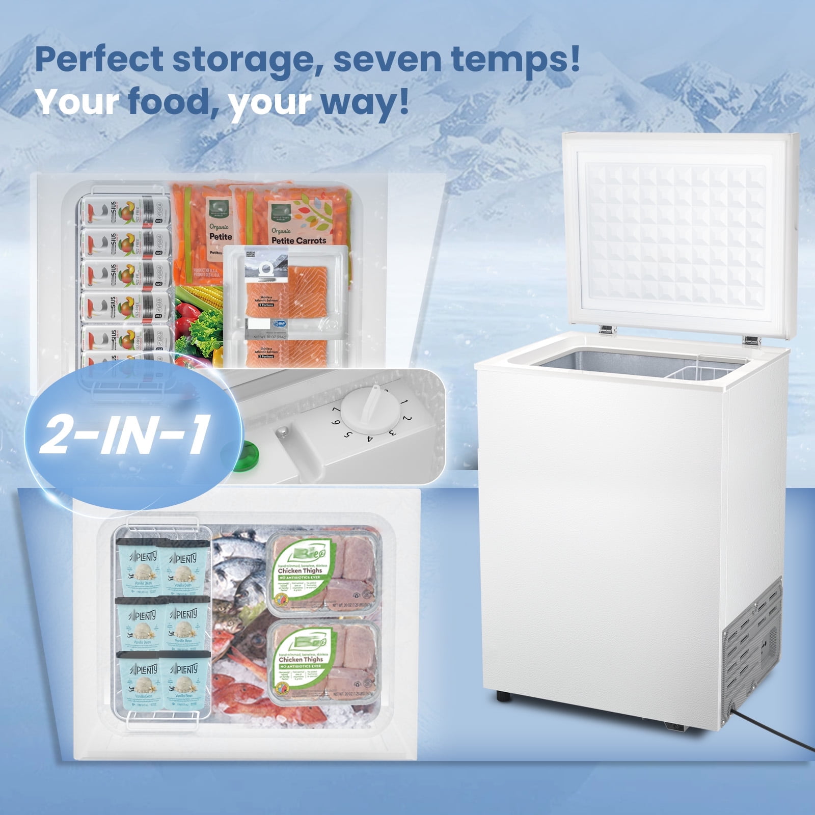 KNDKO 2.8cu.ft Chest Freezer, Freestanding Top Open Door Compact Freezer with Removable Basket, Adjustable 7 Thermostat and Bottom Defrost Water Drain for Apartment/Home, White