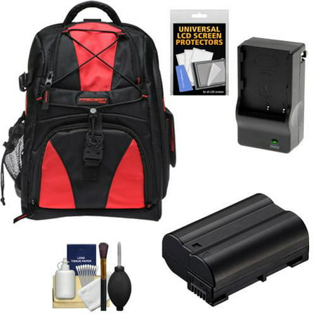 Precision Design Multi-Use Laptop/Tablet Digital SLR Camera Backpack Case (Black/Red) with EN-EL15 Battery & Charger + Accessory Kit for Nikon D7000, D600, D800 & D800E