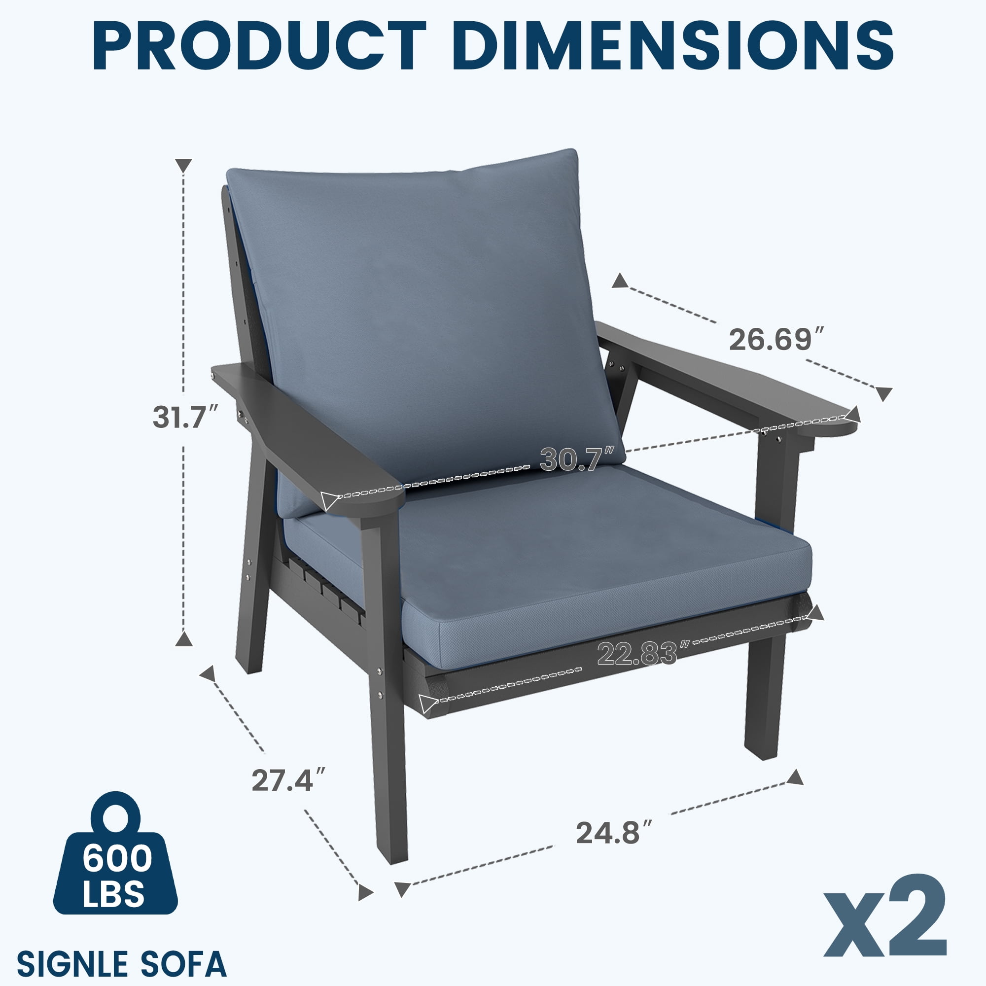 FOOWIN 4-Piece Patio Furniture Set, HDPE Outdoor Conversation Set with 4 Seating & Cushions, Perfect Patio Sofa Set for Garden, Porch, Backyard, Grey Frame with Grey Cushion