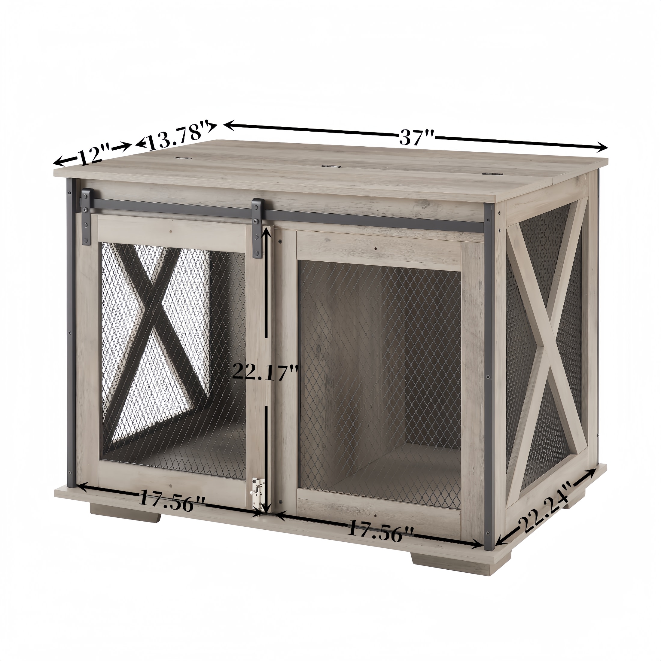 Noble House Farmhouse Dog Cage Crate Furniture, Sliding Barn Door Kennel End Table with Divider and Flip-Top, Gray Wash