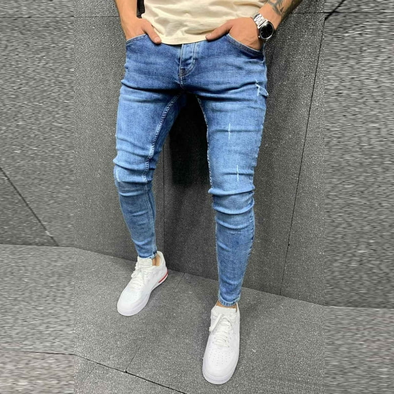 Zodggu Mens Jeans Denim Pants Solid Color Elastic Waist Fashion Cozy Daily  Trousers Soft Striped Zipper Denim Hole Vintage Comfy Lounge Casual Full  Length Pants Jeans with Pocket Blue 32 