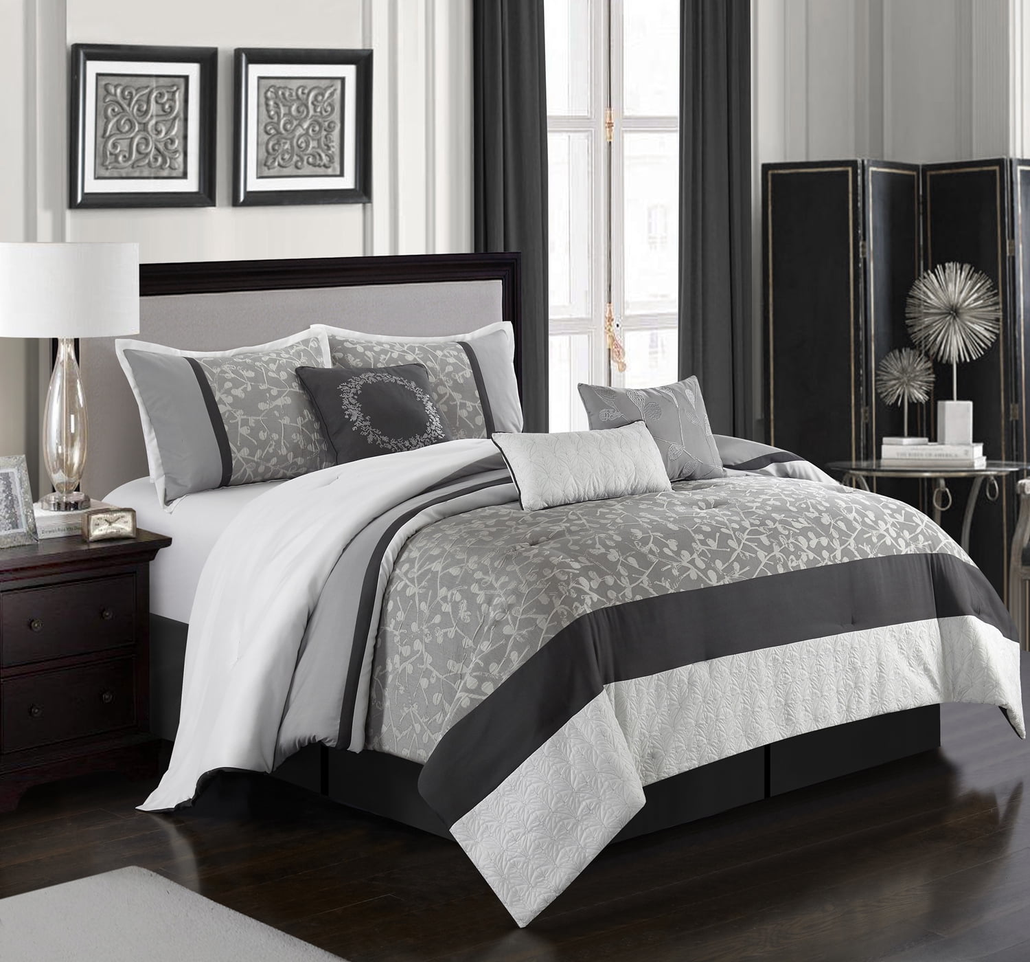 Lanco Black And Grey Comforter Set Queen Size 7 Piece Jacquard