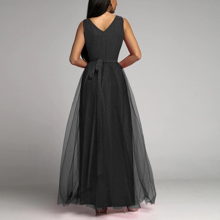 Tmoyzq Women's Elegant Sparkly Glitter High Split Maxi Dress Sleeveless V Neck Ruched A-Line Tulle Maxi Dresses Formal Evening Party Prom Gowns