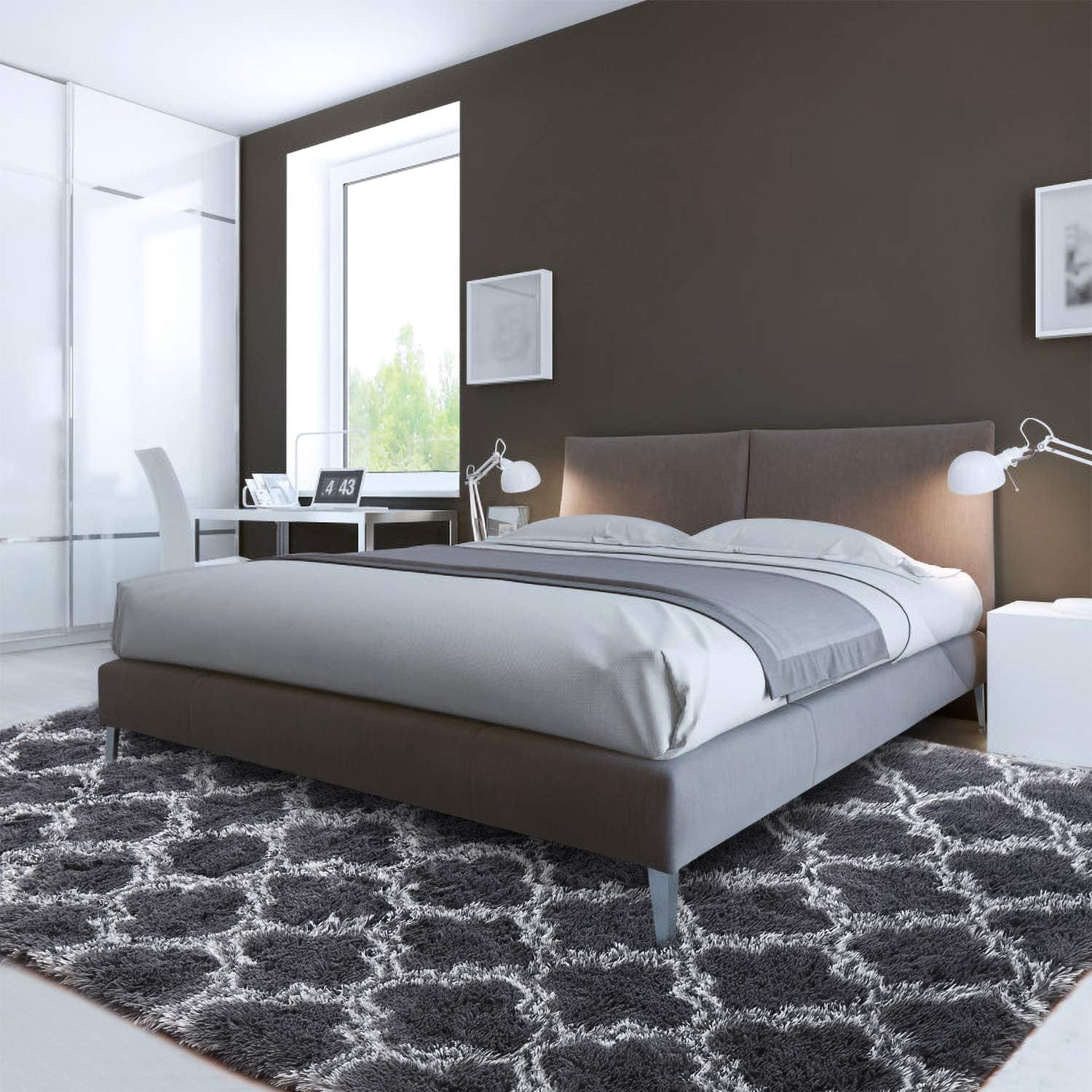 Lochas Shag Geometric Area Rug Plush Fluffy Rugs Soft Moroccan Carpets for Bedroom Living Room Home Decor Mat,6'x9',Dark Gray/White