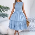 thumbnail image 6 of Women's Elegant Midi Tiered Dress Sleeveless Mock Neck Smocked Bodice High Waisted A-Line Swing Dress Flowy Lightweight Flattering Dress for Wedding Guest Party Date, 6 of 8
