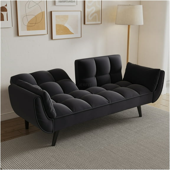 JERFIT 2-Seater Convertible Sofa Bed for Small Spaces, Adjustable Backrest, Velvet Upholstery, Modern Loveseat with Armrests for Apartment, Living Room, Black