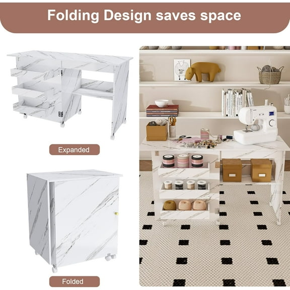 Rugerasy Multipurpose Sewing Machine Table,Folding Sewing Table with Storage,Lockable Wheels,Shelves,Storage Trays,Pegs,Magnetic Doors,Metal Doorknobs for Home,White