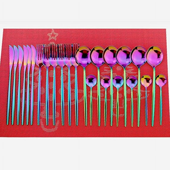 Zhuge 24-Piece Silverware Set - Stainless Steel Reusable Utensils Forks Spoons Knives Set, Mirror Polished Cutlery Flatware Set, Great for Family Gatherings & Daily Use (6 set, Rainbow)