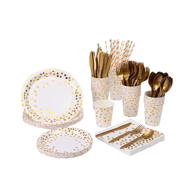 Juego de vajilla desechable para 25 invitados, vajilla de papel desechable para cumpleaños, platos, Tomshoo Blanco
