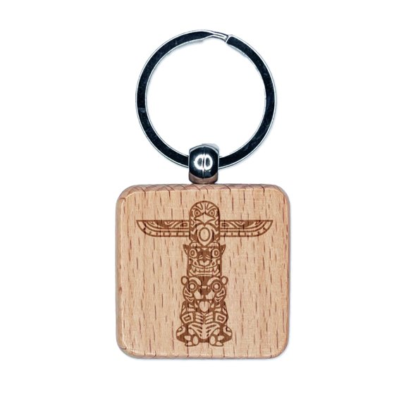 Totem Pole With Eagle Wolf and Bear Square Keychain Charm Tag - Engraved Wood