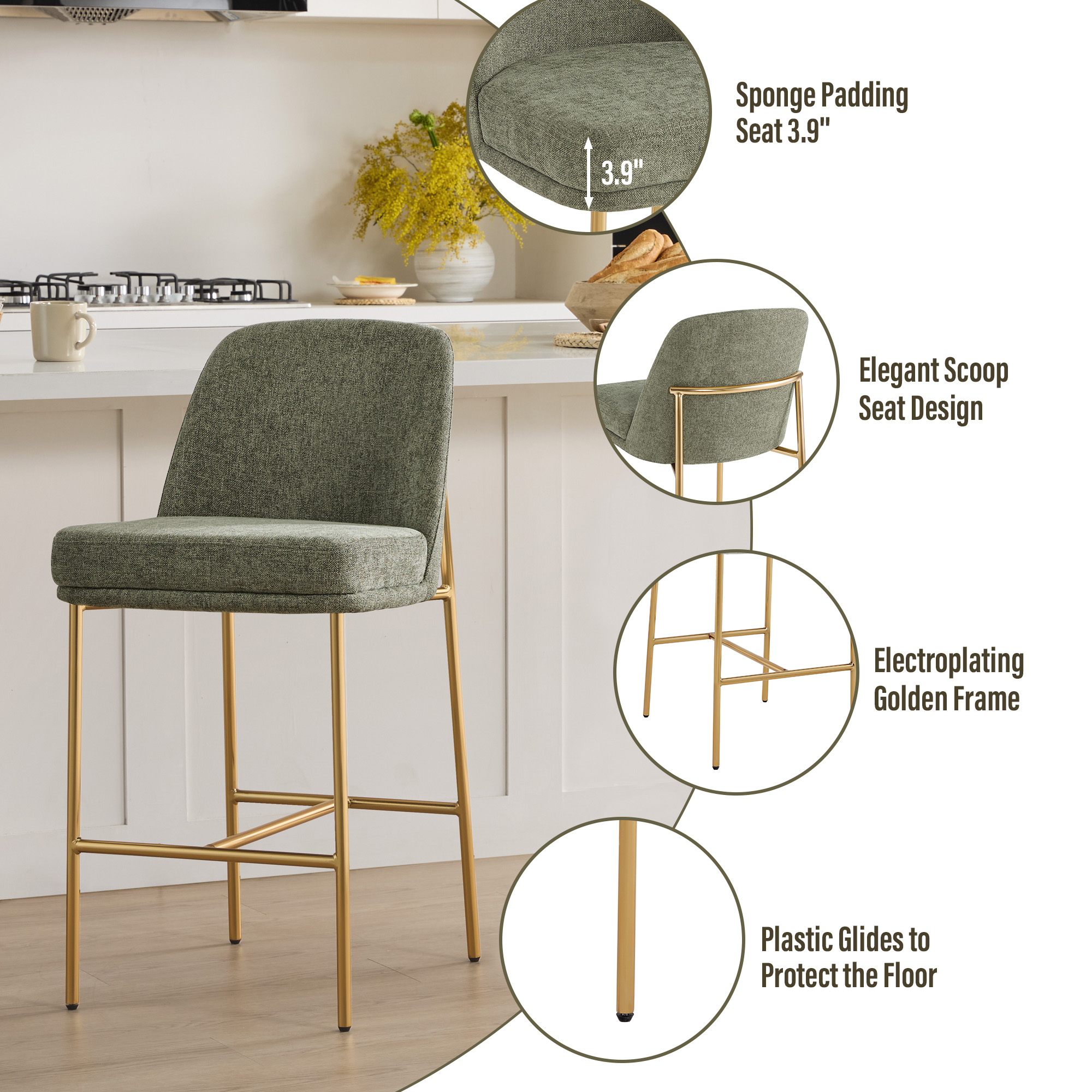 Spruce & Spring Modern 27-Inch Contemporary Counter Stool Set with Upholstered Seat and Metal Frame Set of 2, Moss Green Fabric