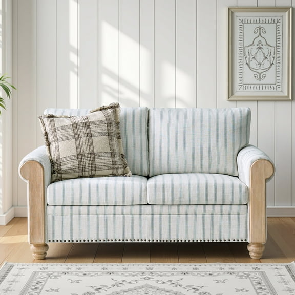Blue Two-Seater Farmhouse Sofa with Rolled Wide Arms,Solid Wood Accents For Cozy Living Room, Family Room, Reading Nook and Farmhouse Decor BLUE