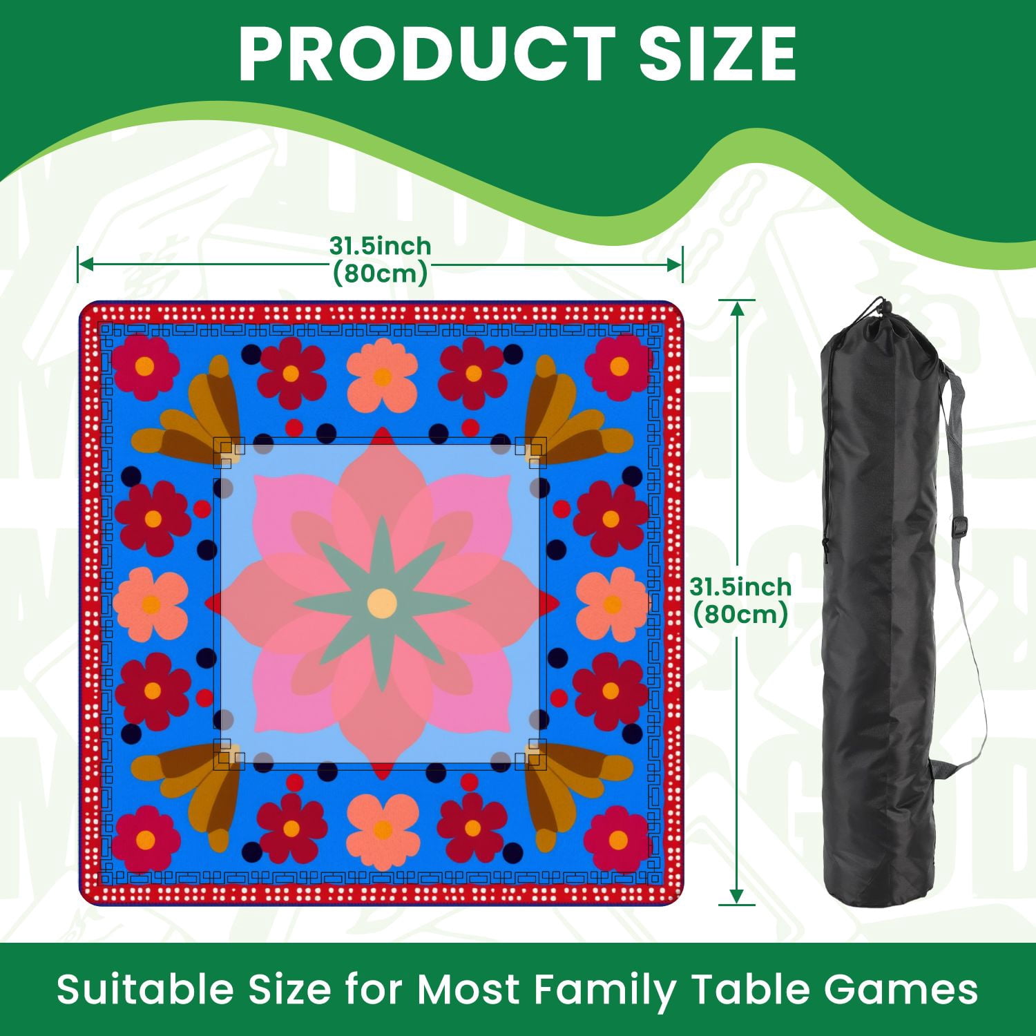 Mahjong Mat 31.5" x 31.5" Colorful Floral Folk Art Bold Geometric Shapes Non-Slip Noise Reduction American Mahjong Tiles Table Cover for Dominoes Poker Card Board Games Gift
