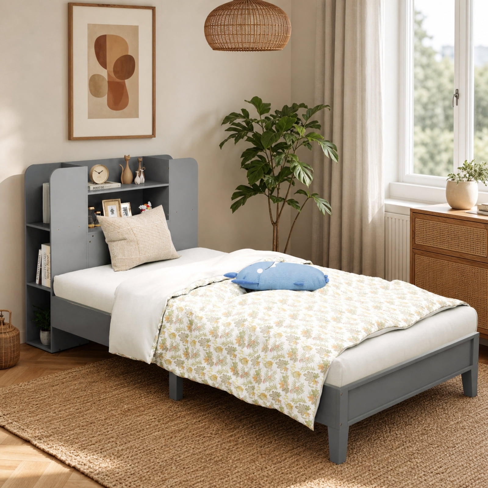 Furnibear Twin Platform Bed Frame with Built in Bookcase Headboard 2 Tier Shelf 6 Open Compartments Solid Wood Slats and No Box Spring Needed, Gray