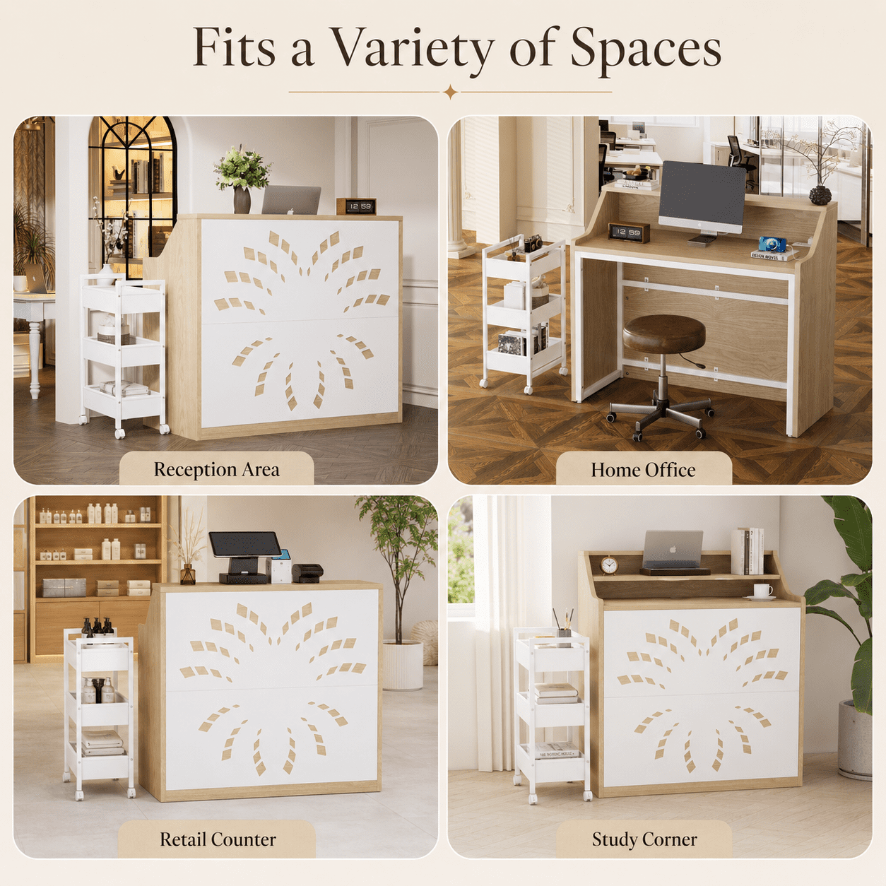 Aukfa Receptionist Desk with Mobile File Cart, Geometric Counter Desk with Power Outlets for Beauty Salon, Clinic & Home Office,Natural