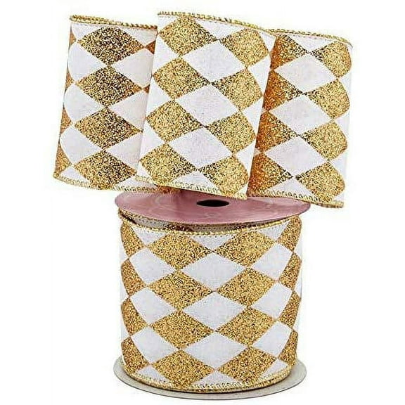 Gold White Diamonds Harlequin Ribbon - 4" x 10 Yards, Gold Wired Edge, Christmas, Wreath, Mardi Gras,  Wedding