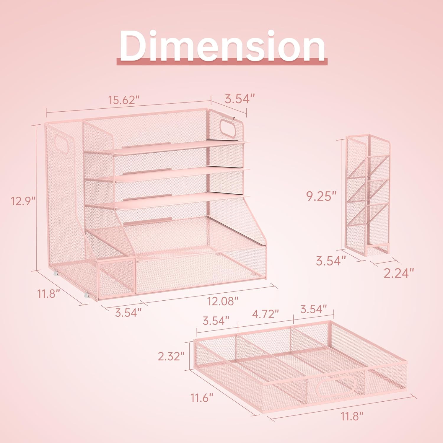 INTIGE 5-Tier Metal Desktop Organizer with Pen Holder, Drawer and File Rack, File Organizer, Pink