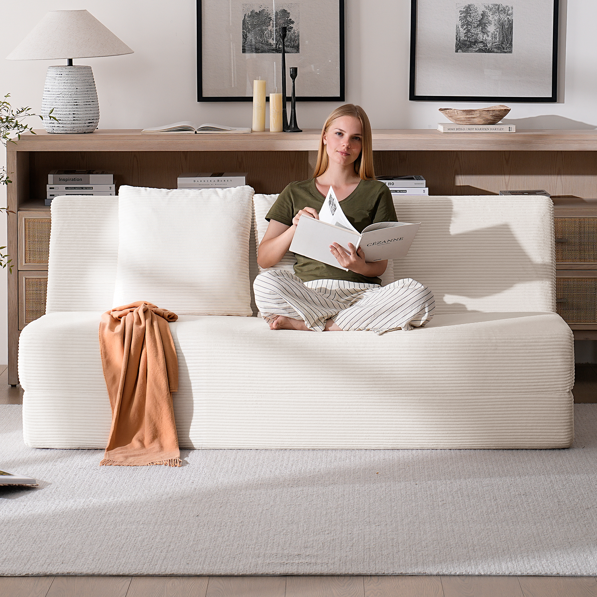 Vorthio Folding Sofa Bed, Convertible Sleeper Chair with Pillows, High Support Memory Foam & Soft Corduroy Fbric, Comfy Couch Bed, Floor Loveseat Couch for Living Room,White