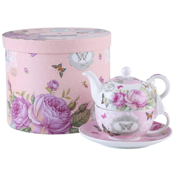 London Boutique Tea for One Teapot Cup saucer Set Gift Box (Pink Butterfly Rose)