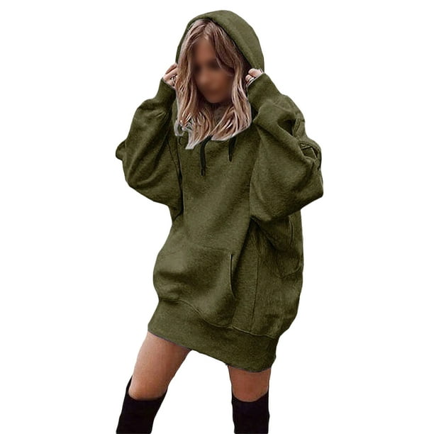 HIMONE Women Long Hoodie Oversized Tunic Hooded Sweatshirt with Pockets  Autumn Winter Hoody Pullover Blouse for Ladies Casual Loose Short Dress 