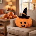 thumbnail image 4 of Euahivb Halloween Pumpkin Decorative Pillow 13.8 x 13.8 Inch Plush Stuffed Toy with Black Wizard Hat for Kids Room Living Room Couch Spooky Holiday Decor, 4 of 7