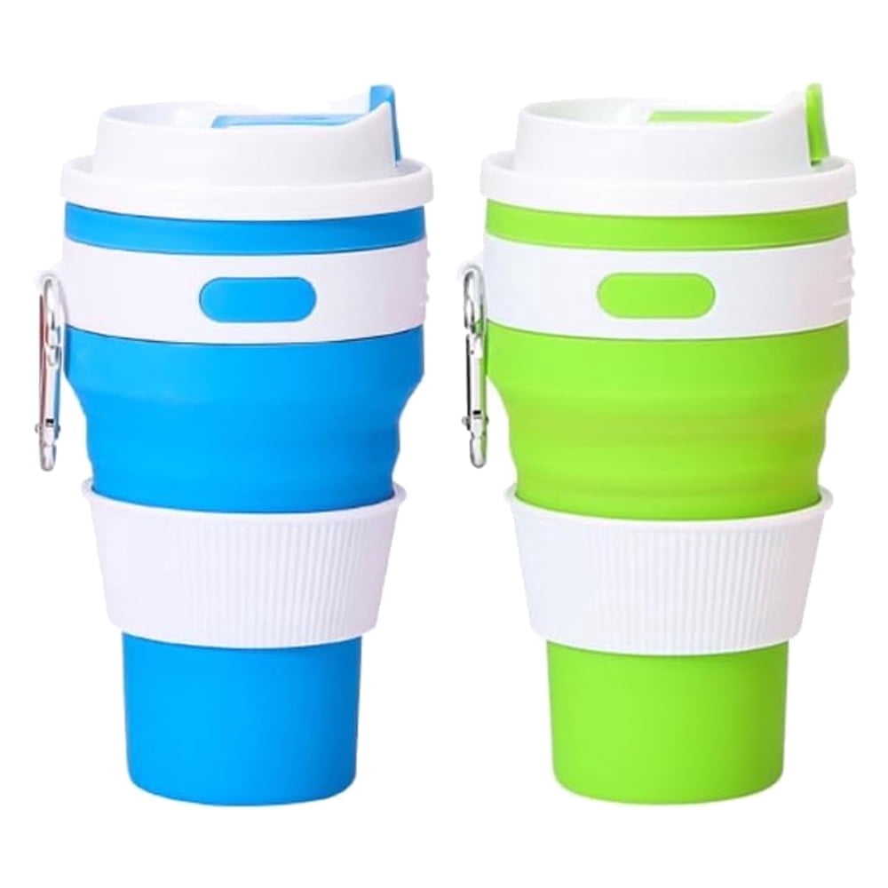 2 Pieces Foldable silicone coffee cup 14 oz portable eco-friendly water cup storage with hanging ring to save space suitable for outdoor hiking camping cycling (Blue+Green)