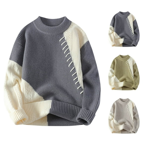 Miluxas Men's Patchwork Knit Sweater O-Neck Pullover Long Sleeve Slight Stretch Casual Standard Wool Top Gray